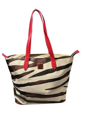 Dooney & Bourke Serengeti Zebra Print Tote Bag Red Leather Trim